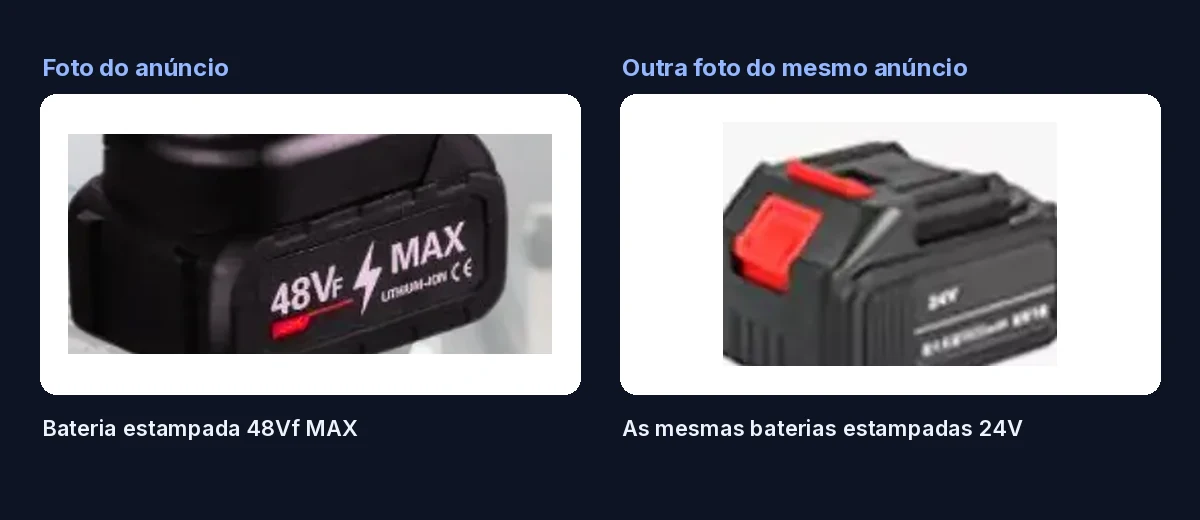 Comparação entre duas fotos do anúncio: numa a bateria aparece estampada 48Vf MAX, na outra as mesmas baterias aparecem estampadas 24V